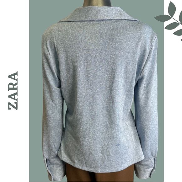 Zara Shimmer Metallic Collared Knit Top Long Sleeve Light Blue Key Hole Size XL - Picture 7 of 8